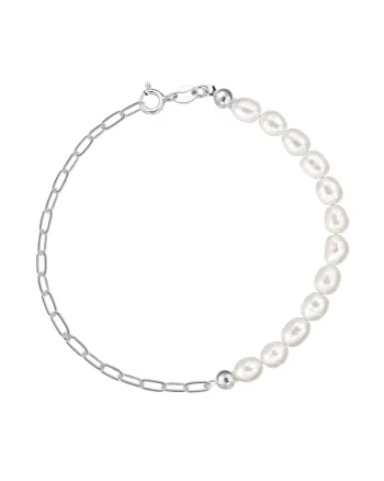 Bratara argint 925 cu perle de cultura albe 6mm, tip bob de orez + lant paperclip, Paperclip S