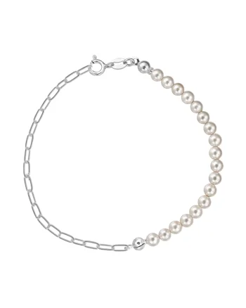 Bratara argint 925 cu perle naturale 4mm + lant paperclip, inchizatoare clasica, Alb | Bej