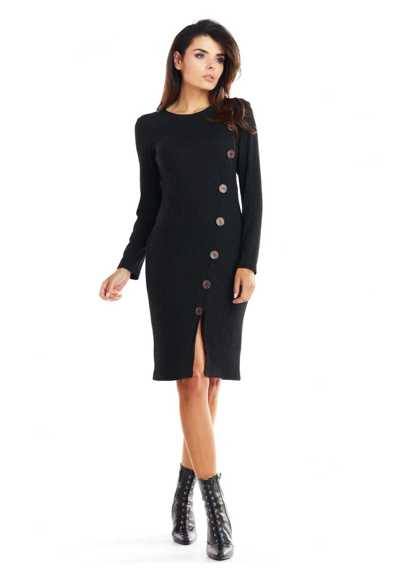 Rochie De Dama,  Model Tricotat Cu Nasturi Asimetrici, Negru, 65% Vascoza 32% Poliester 3% Spandex, Rochie Midi Cu Maneca 3/4 Si Slit, Rochii Elegante Office, Croiala Mulata Foarte Confortabila, Fabricata In Polonia, Design Luxos