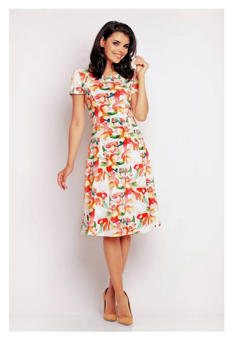 Rochie De Dama,  Model Evazat Tricotat, Imprimeu Floral Portocaliu, 95% Poliester 5% Elastan, Rochie Midi Cu Maneca Scurta, Rochii Elegante De Zi, Tinuta Office Casual, Croiala Clasica, Fabricata In Polonia, Fashion Confortabil, Portocaliu