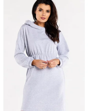 Rochie De Dama,  Model Sport Tip Hanorac Cu Gluga Si Volan, Gri, 95% Bumbac 5% Elastan, Rochie Lejera Cu Maneci Incretite, Rochii Casual De Zi Pentru Femei, Tinuta Moderna Super Confortabila, Fabricata In Polonia, Fashion Urban, Gri