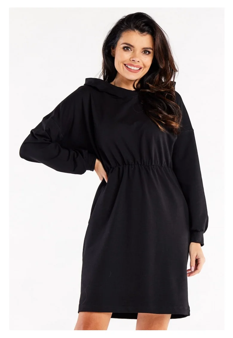 Rochie De Dama,  Model Sport Tip Hanorac Cu Gluga Si Volan, Negru, 95% Bumbac 5% Elastan, Rochie Lejera Cu Maneci Incretite, Rochii Casual De Zi Pentru Femei, Tinuta Moderna Confortabila, Fabricata In Polonia, Design Fashion Urban, Negru
