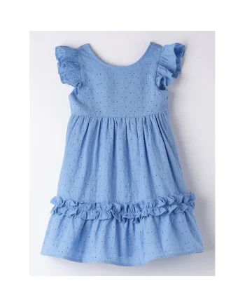 Rochie evazata din bumbac cu aplicatie cu funda pe partea din spate, Albastru deschis