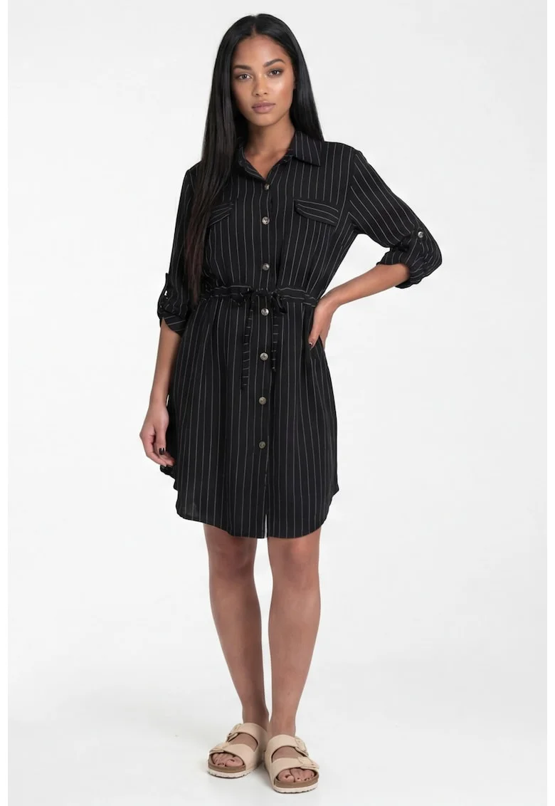 Rochie  model M1325, neagra, croiala dreapta, decolteu tip camasa, maneca 3/4, curea in talie