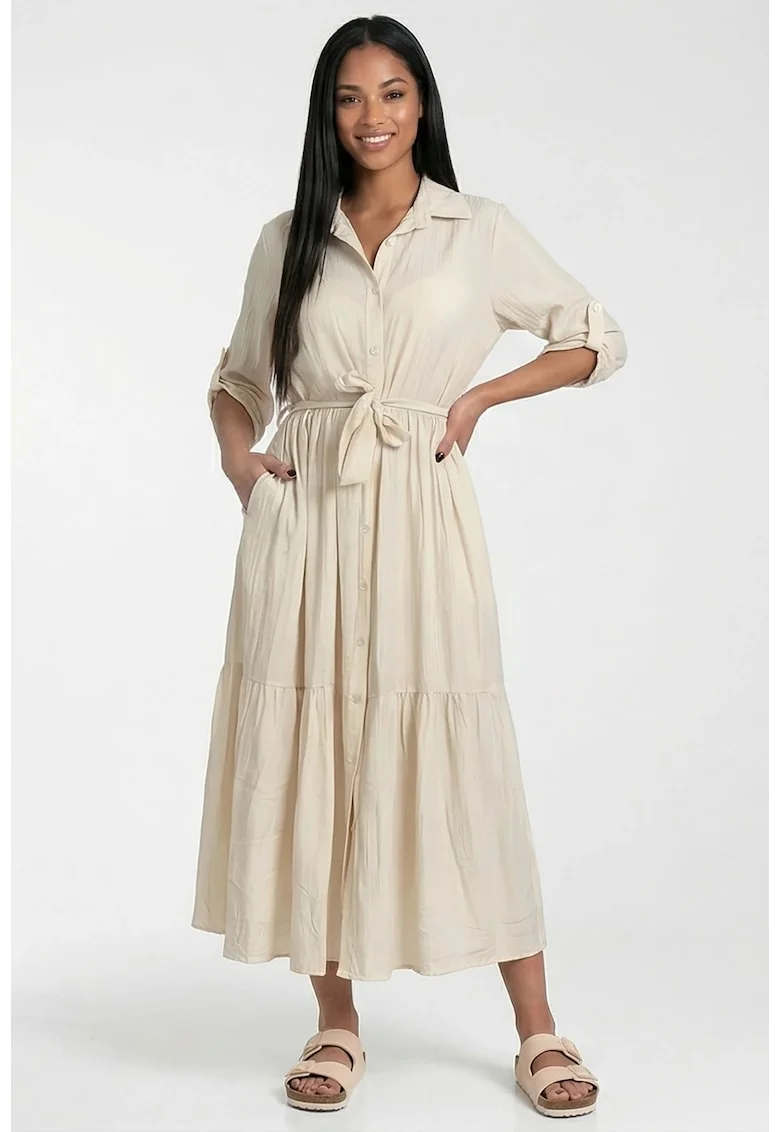Rochie maxi  M1312, bej, croiala evazata, maneci 3/4, material din viscoza
