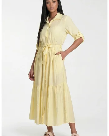 Rochie maxi  M1312, galbena, croiala evazata, guler clasic, viscoza