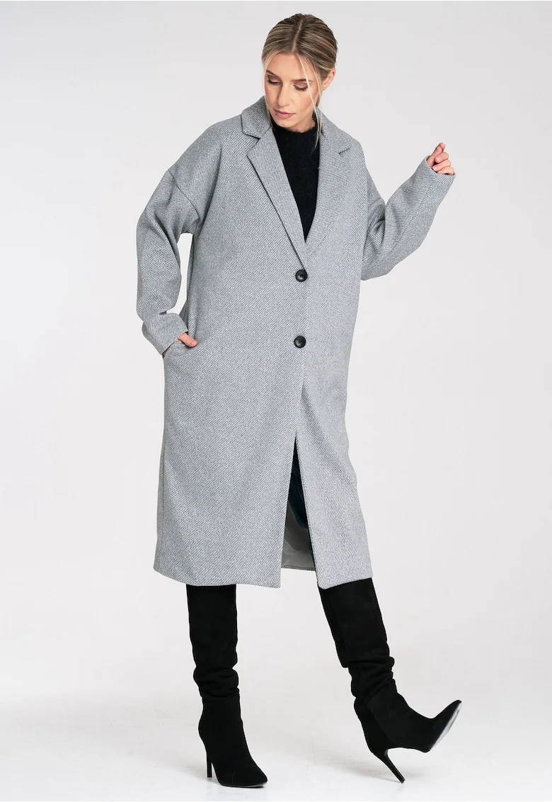 Palton de dama, cu nasturi, cu guler clasic, maneca lunga,  M1291, gri,