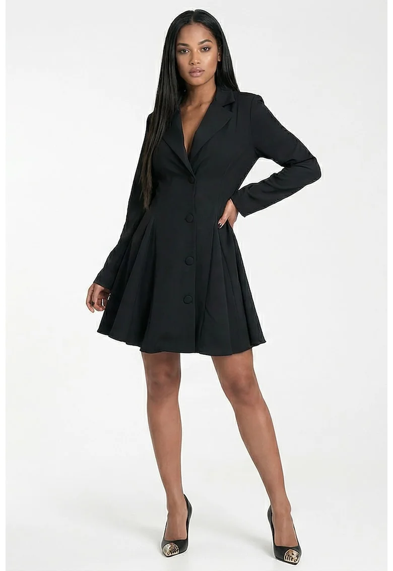 Rochie midi  M1317, neagra, croiala evazata, decolteu in V, maneci lungi