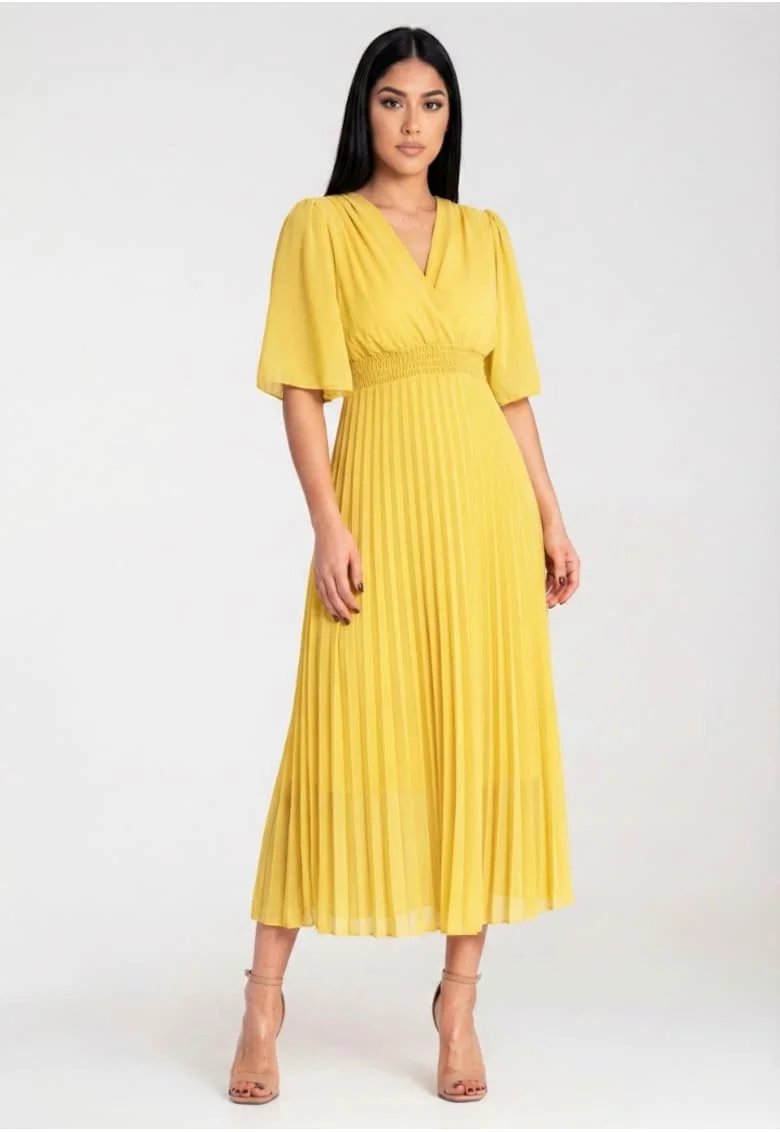 Rochie de dama  plisata, galben, material vaporos, cu decolteu petrecut, maneca scurta tip fluture,