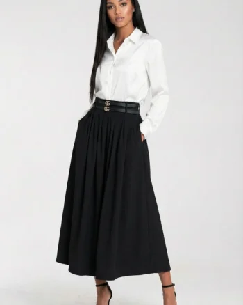 Fusta midi evazata,  talie inalta, pliuri, neagra