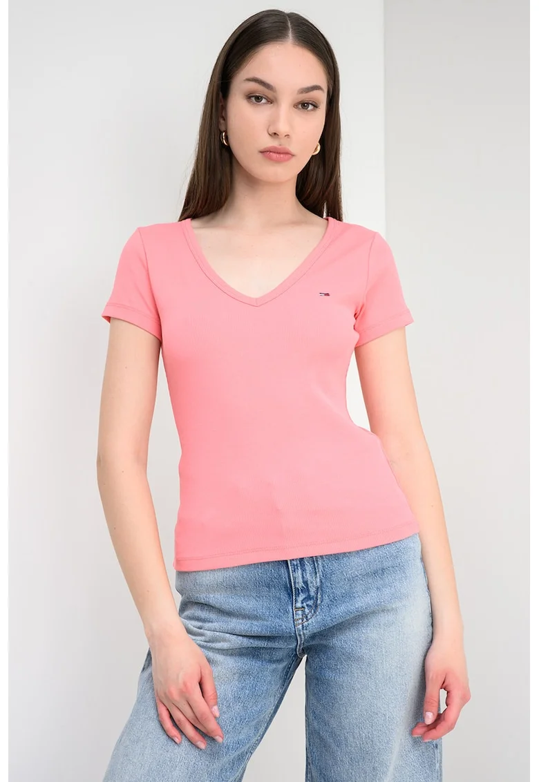 Tricou slim fit striat cu decolteu in V, Roz somon