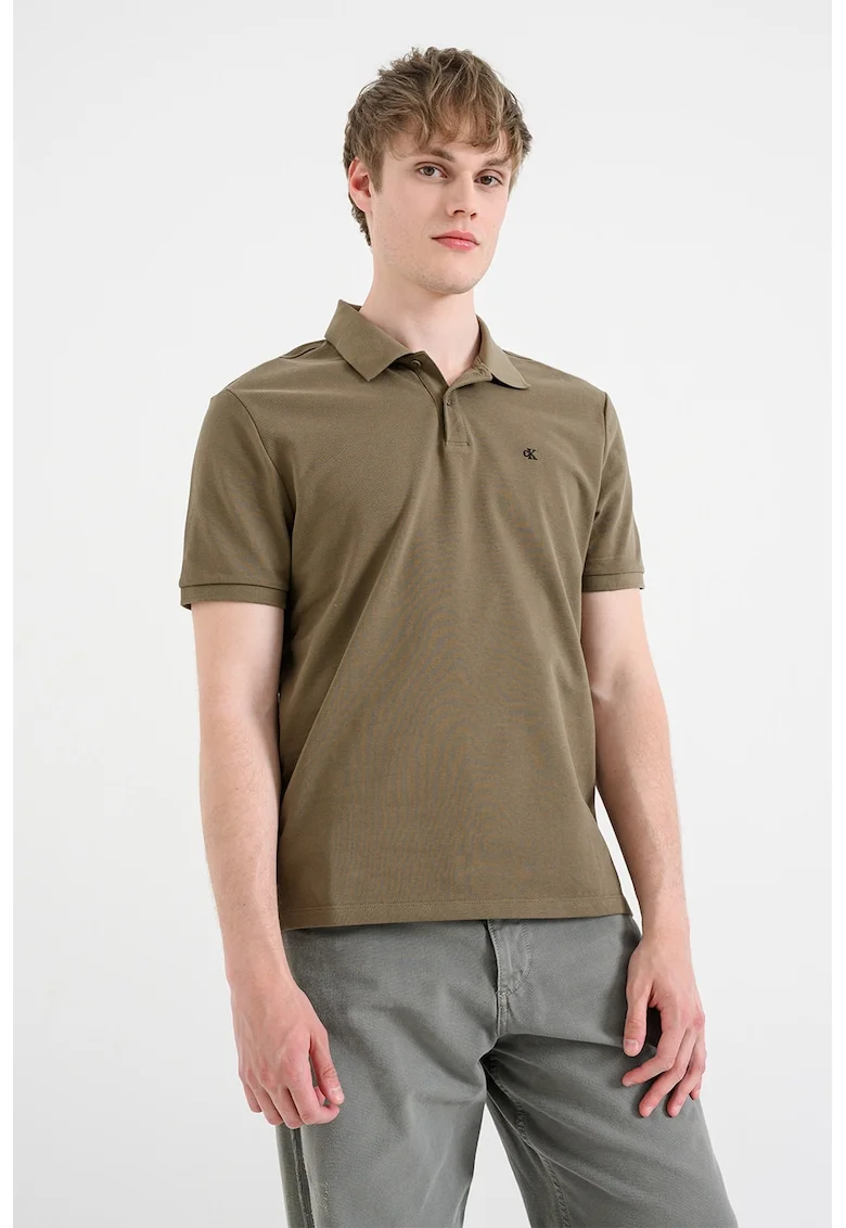 Tricou polo de bumbac pique cu logo brodat discret, Verde masliniu