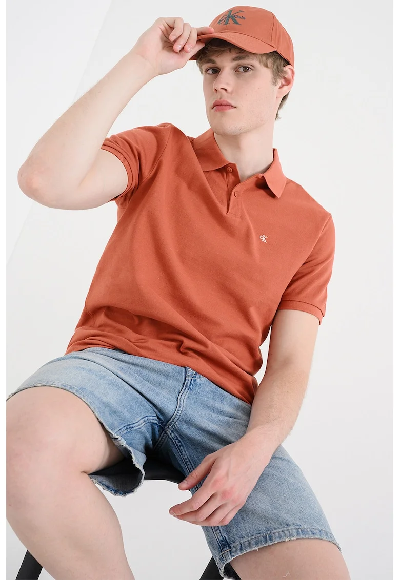 Tricou polo de bumbac pique cu logo brodat discret, Portocaliu