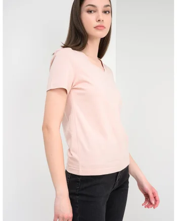Tricou cu decolteu in V si logo discret, Bej roscat