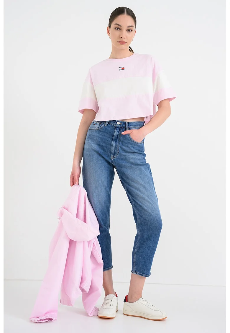 Tricou crop cu logo, Roz prafuit deschis/Alb murdar