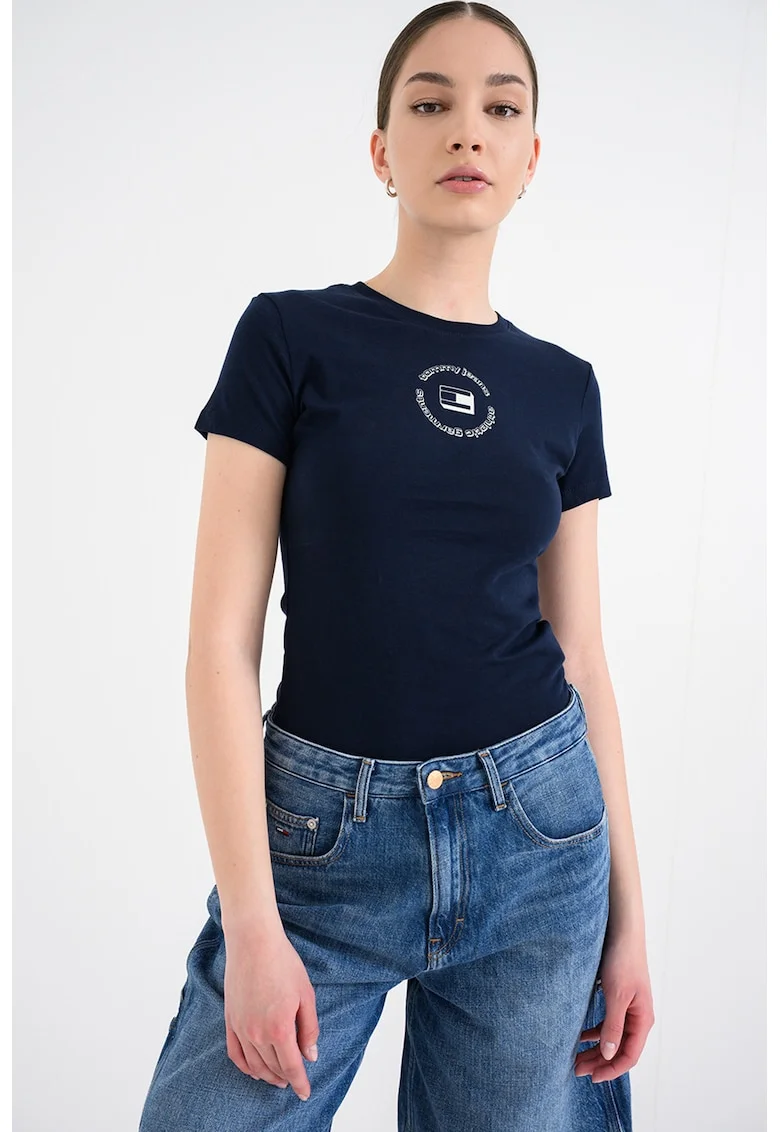 Tricou cu decolteu la baza gatului si logo, Albastru ultramarin