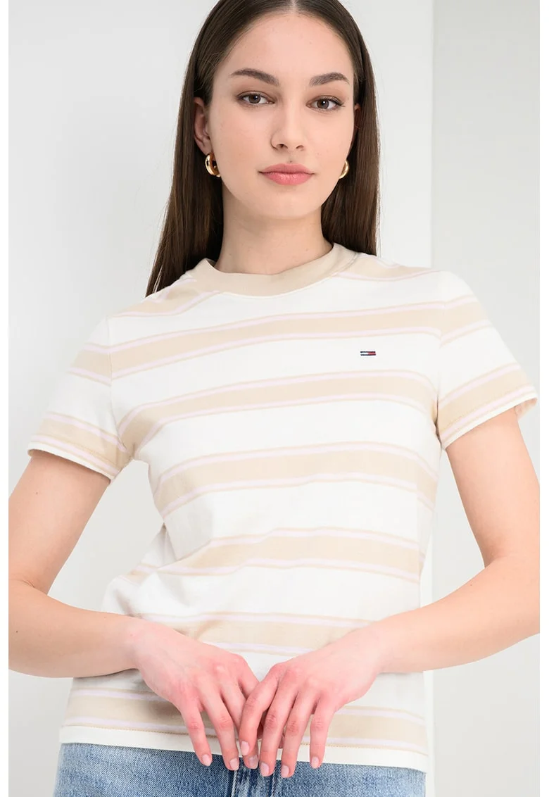 Tricou de bumbac in dungi, Roz bombon/Alb antichizat/Bej antichizat