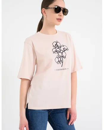 Tricou cu decolteu la baza gatului si design grafic, Bej roscat