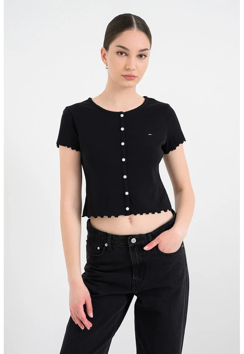 Tricou crop cu nasturi, Negru antracit