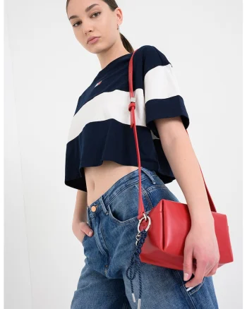 Tricou crop cu logo, Alb murdar/Bleumarin
