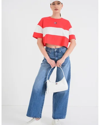 Tricou crop cu logo, Alb antichizat/Rosu capsuna