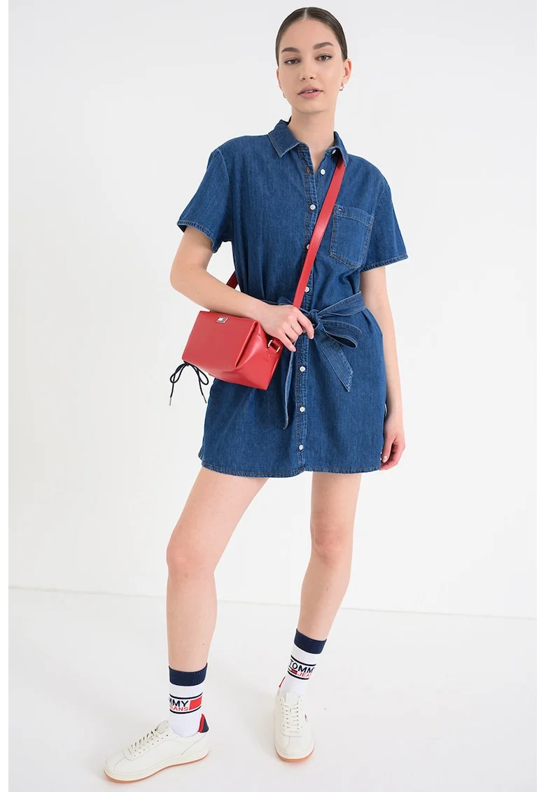Rochie-camasa mini de denim cu buzunare laterale, Albastru prafuit