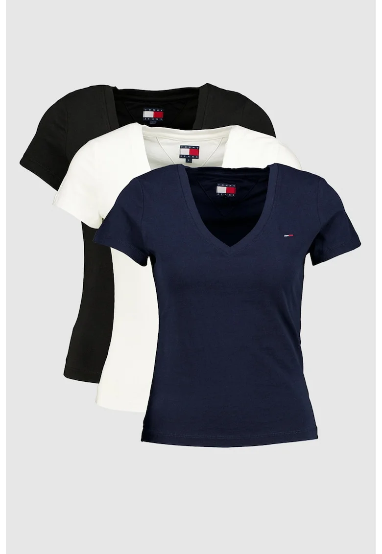 Set de tricouri slim fit cu decolteu in V - 3 piese, Alb arctic/Negru antracit/Albastru