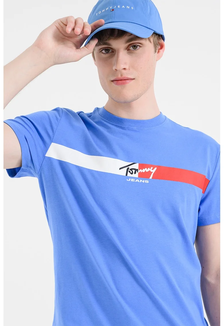 Tricou cu decolteu la baza gatului si imprimeu logo, Albastru