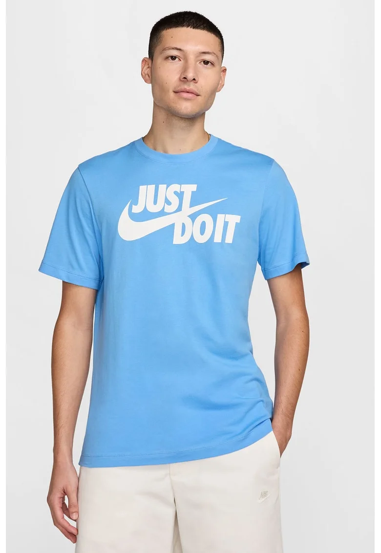 Tricou de bumbac cu imprimeu logo si text Swoosh, Albastru pastel