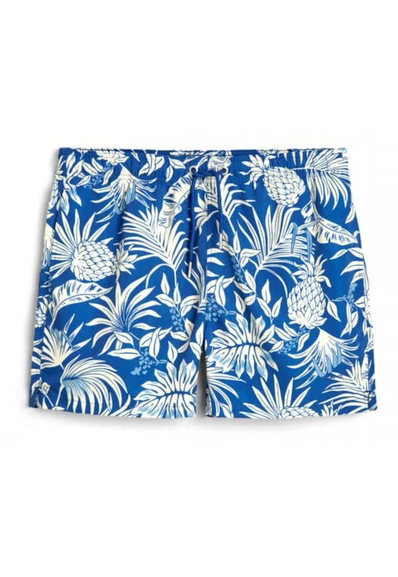 Costum de baie  imprimeu tropical, albastru, 100% poliester reciclat