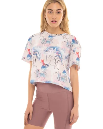 Tricou dama  scurt, imprimeu, decolteu rotund, poliester-bumbac, multicolor