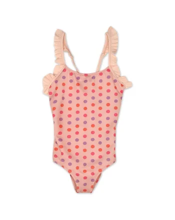 Costum de baie copii,  model cu buline si volane, roz, poliester/elastan