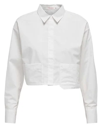 Camasa scurta dama,  cu buzunare, alb, poliester/bumbac