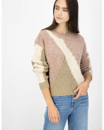 Pulover din amestec de lana, cu striatii, Kaki/Alb murdar/Roz prafuit