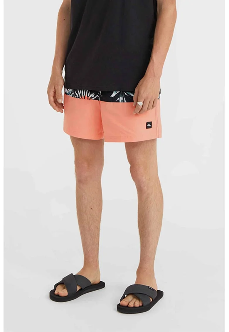 Pantaloni scurti de baie cu model Cali Block 15'', Negru/Portocaliu