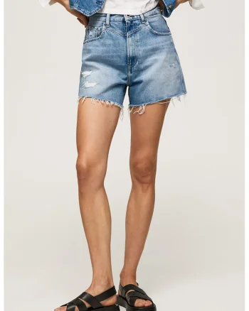 Pantaloni scurti de denim cu detalii cu aspect deteriorat Rachel, Albastru