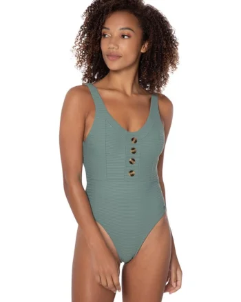 Costum de baie,  PRTSILOPO, decolteu in V, cupe detasabile, verde, poliamida/elastan,