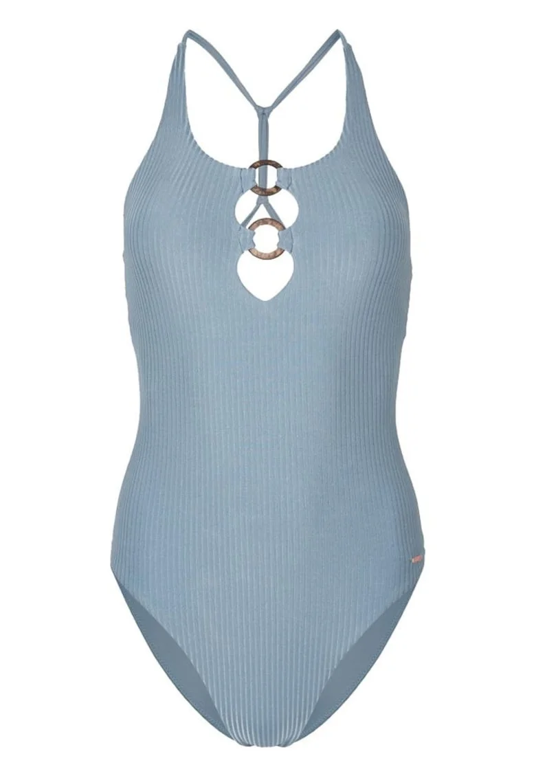 Costum de baie,  bretele reglabile, detaliu decolteu, albastru, ECONYL