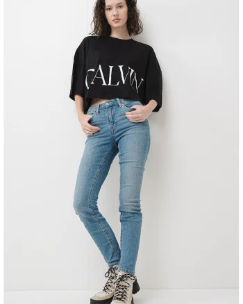 Tricou crop supradimensionat din bumbac, Alb/Negru