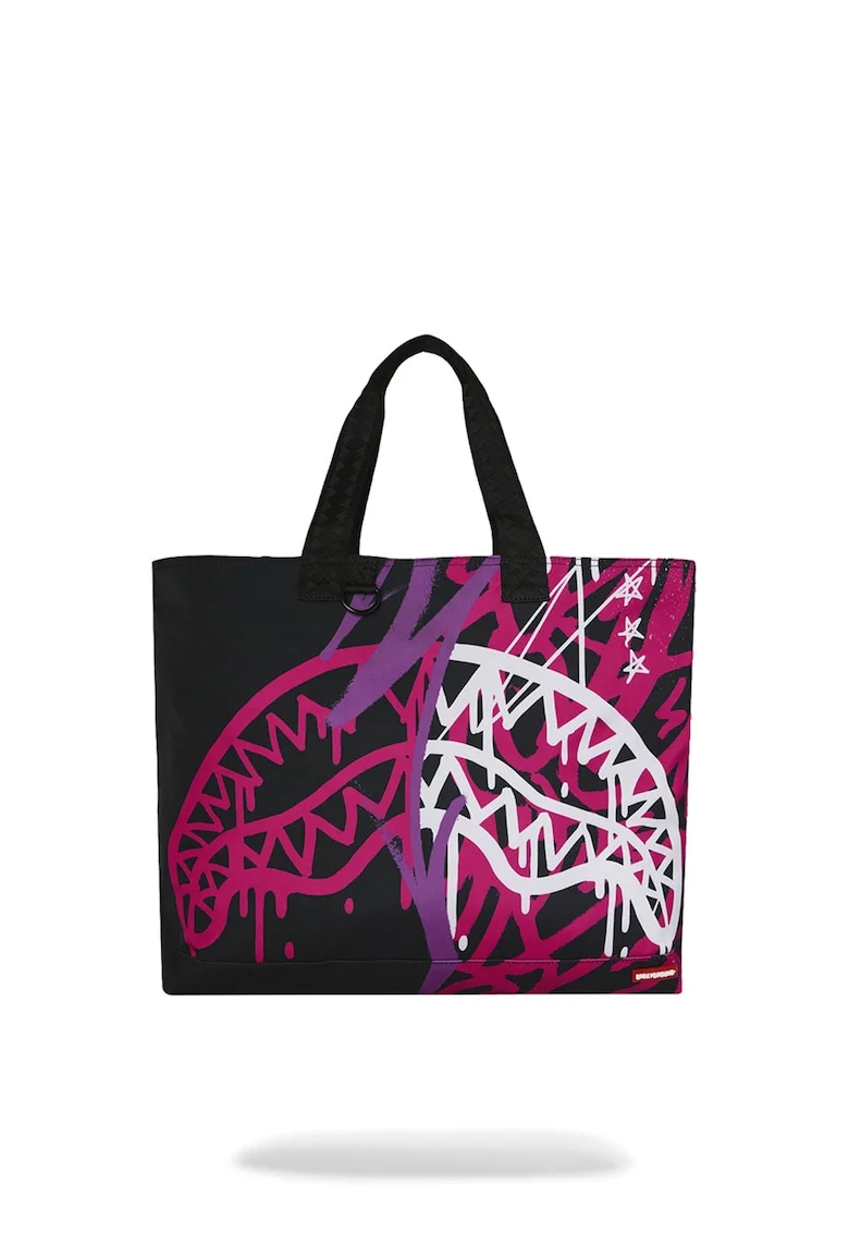 Geanta shopper de piele ecologica cu imprimeu logo, Alb/Negru/Roz