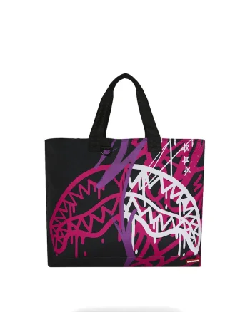 Geanta shopper de piele ecologica cu imprimeu logo, Alb/Negru/Roz