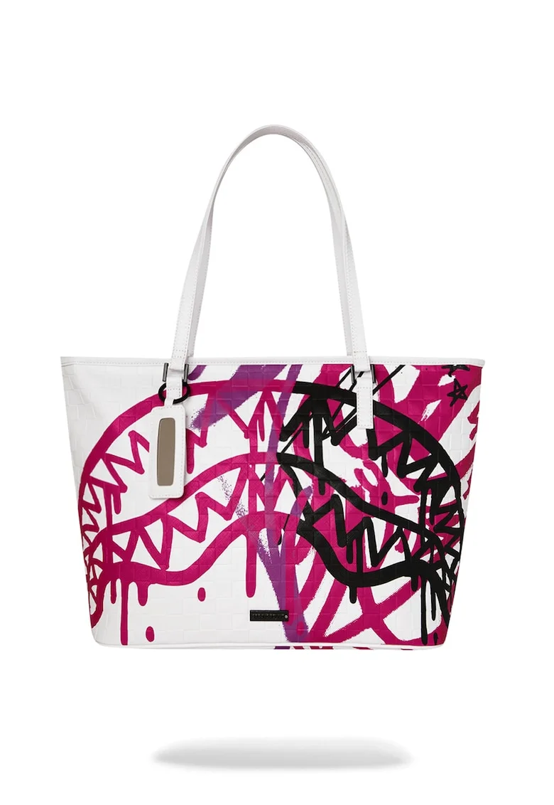 Geanta shopper de piele ecologica cu imprimeu logo, Alb/Negru/Roz