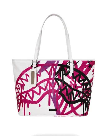 Geanta shopper de piele ecologica cu imprimeu logo, Alb/Negru/Roz