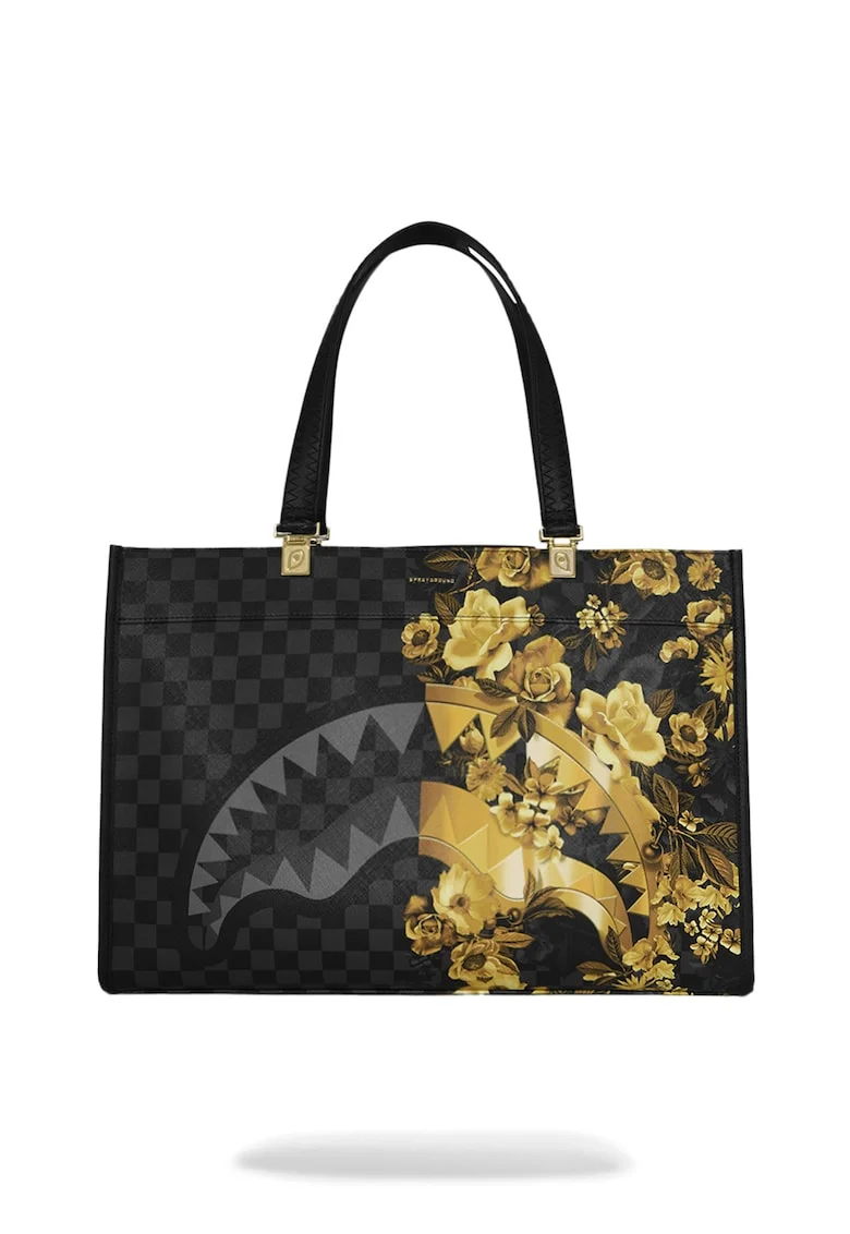 Geanta shopper de piele ecologica cu model, Negru/Gri/Galben