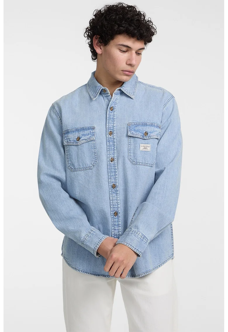 Camasa de denim cu buzunare cu clapa, Albastru deschis