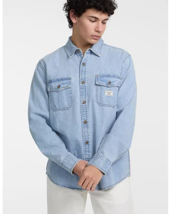 Camasa de denim cu buzunare cu clapa, Albastru deschis