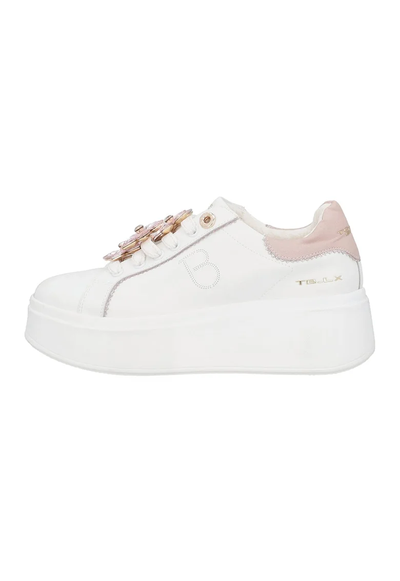 Pantofi sport din piele si piele ecologica, Alb/Piersica