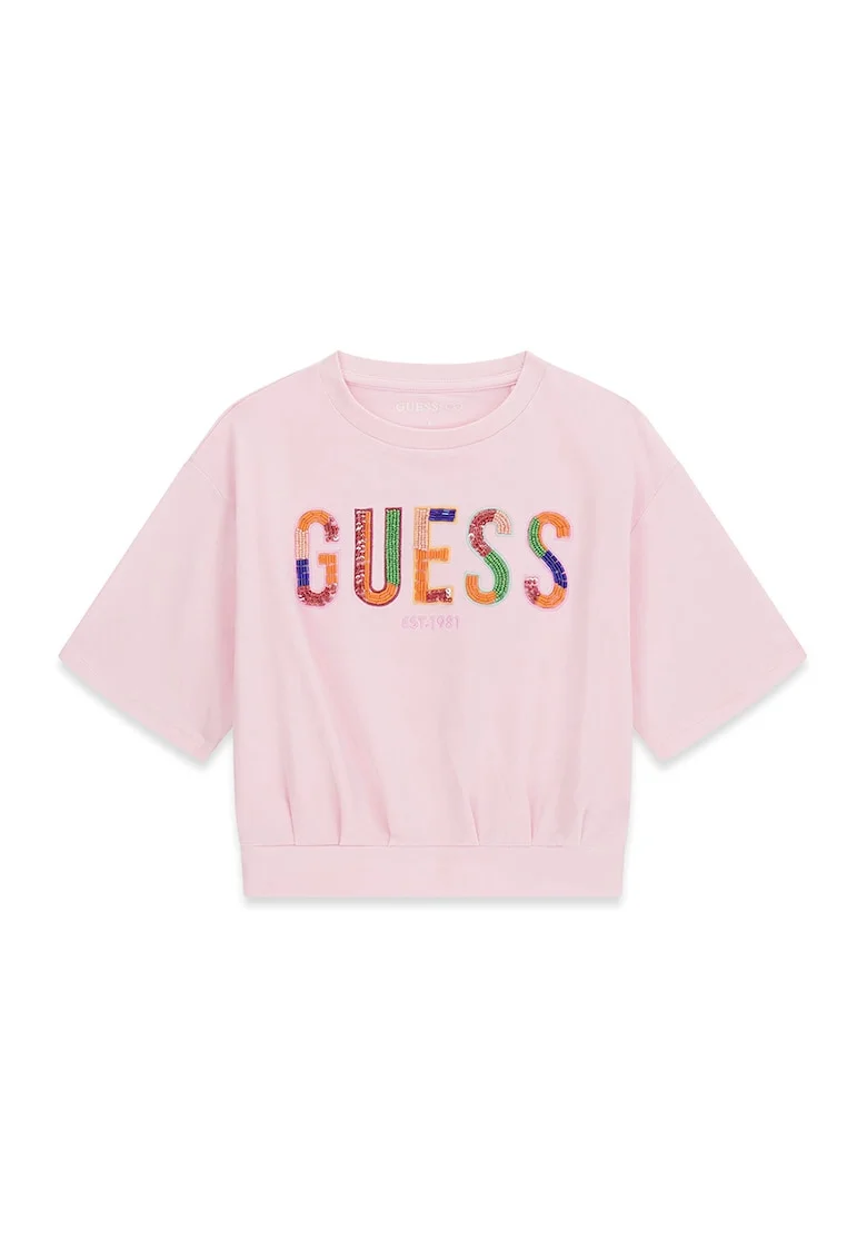 Tricou cu decolteu la baza gatului si imprimeu logo, Roz pastel
