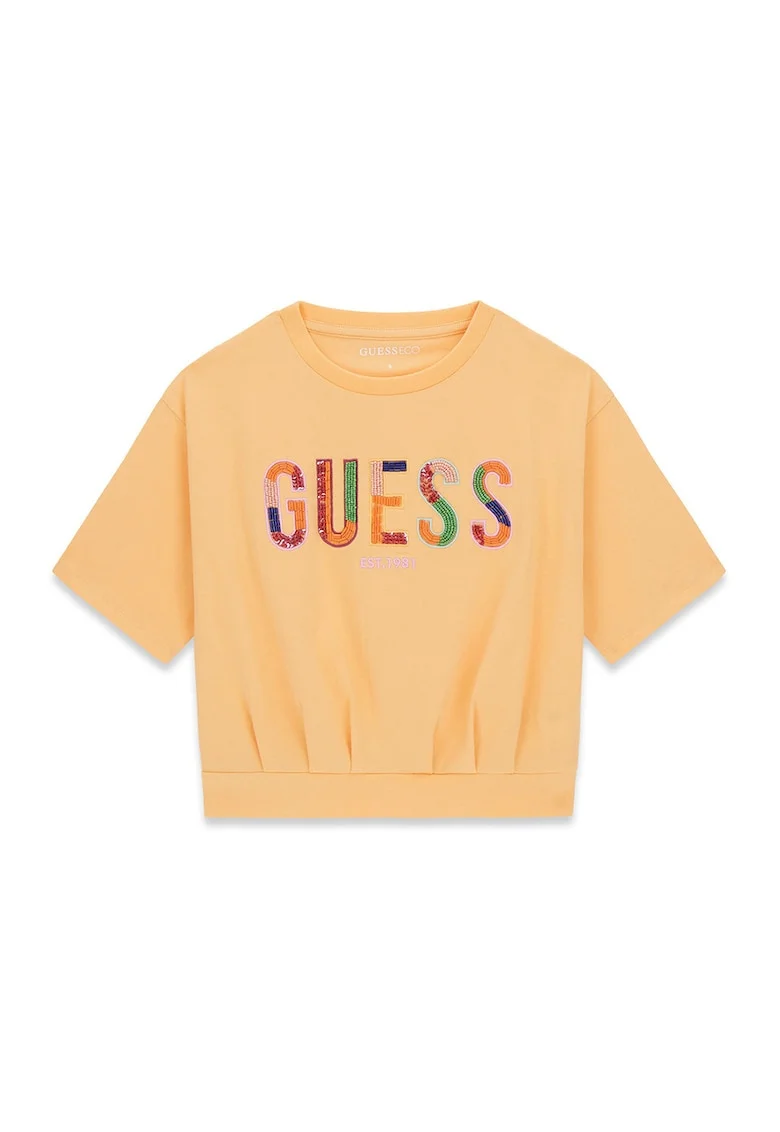 Tricou cu decolteu la baza gatului si imprimeu logo, Portocaliu mandarina