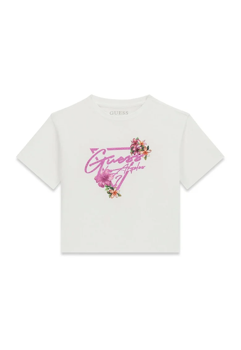Tricou crop cu imprimeu logo, Alb/Roz prafuit